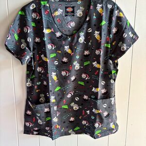Dickie's Medical Whimsical Cat Sushi Woman's Size L Charcoal Nurse Scrub Top